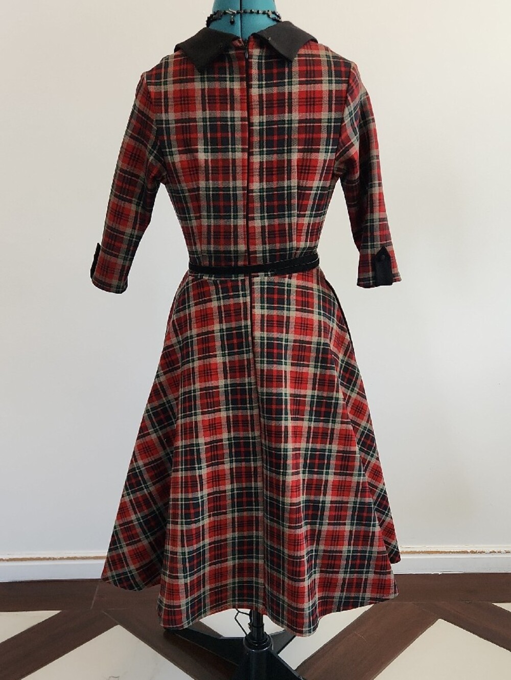 👠Unique Vintage Trudy 50'S Red And Black Plaid Swing Dress with Collar SZ M - Picture 7 of 14